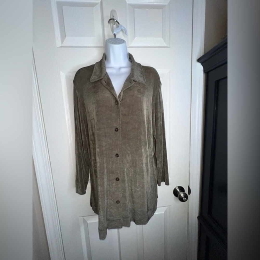 Vtg Chico’s Size 3 XL Dark Gray Acetate Long Tunic Shirt Top Button Up 16 18 USA